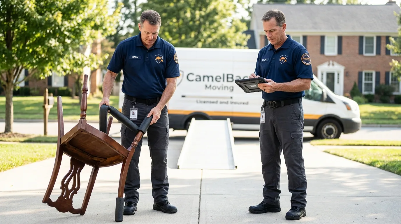 Movers inspecting furniture for damage prevention before loading in Douglas, AZ