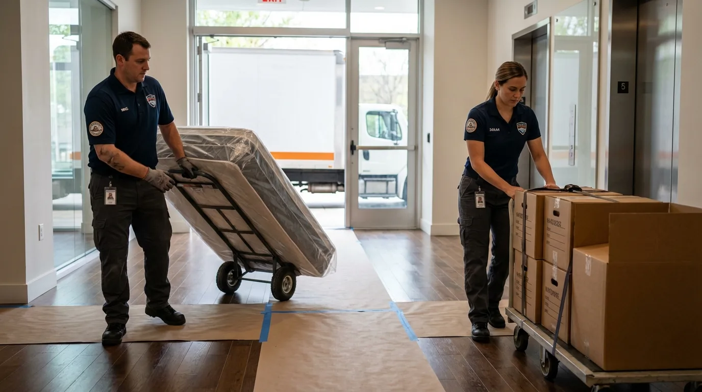 Professional apartment movers loading elevator in Douglas, AZ